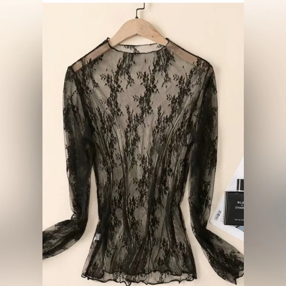 Lace Mesh Sheer Mock Top Floral Layering Stretchy Black NEW - Picture 2 of 4